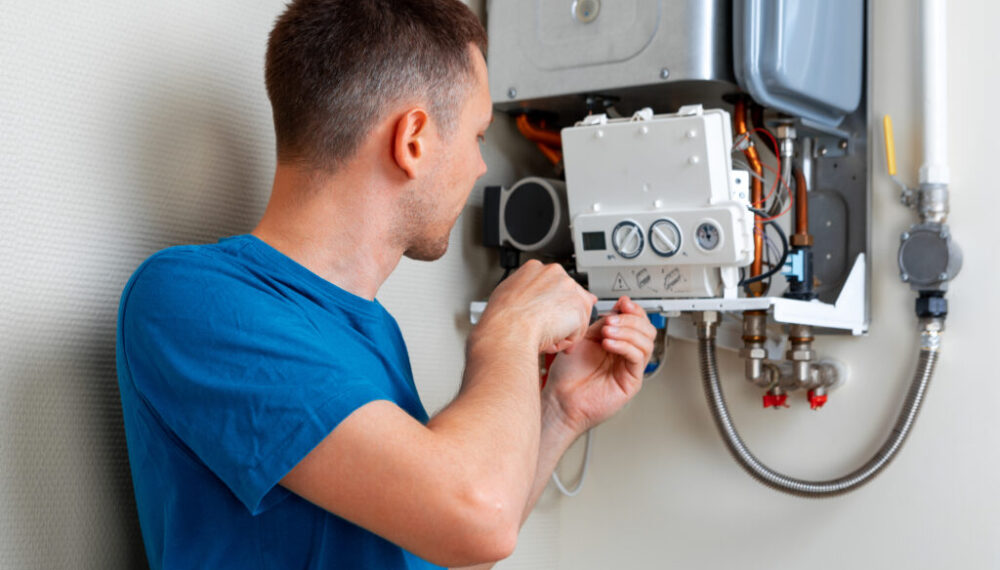 Plumber attaches Trying To Fix the Problem with the Residential Heating Equipment. Repair of a gas boiler